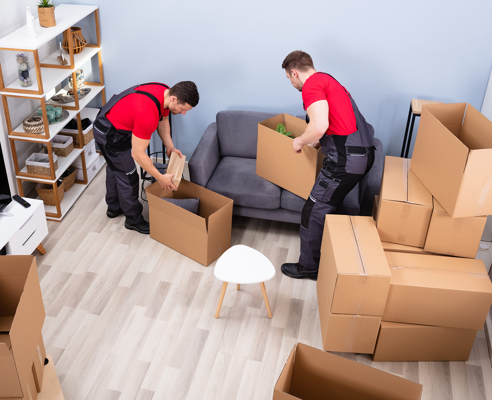 Zwei professionelle Umzugshelfer beim Einpacken von Kartons in einer Wohnung - Meitner Umzüge und Entrümpelungen